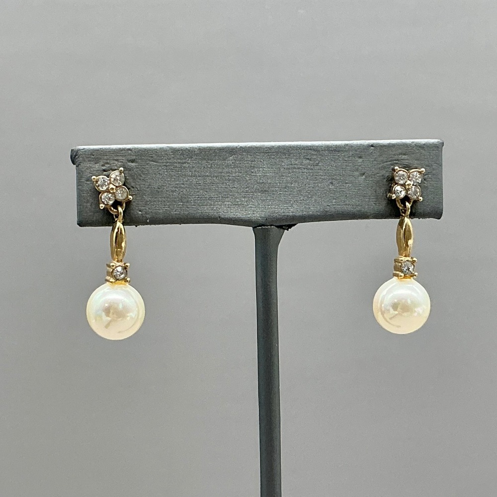 Roman Faux Pearl Dangle Earrings Women Gold Tone Rhinestone Accented Drop Jewel